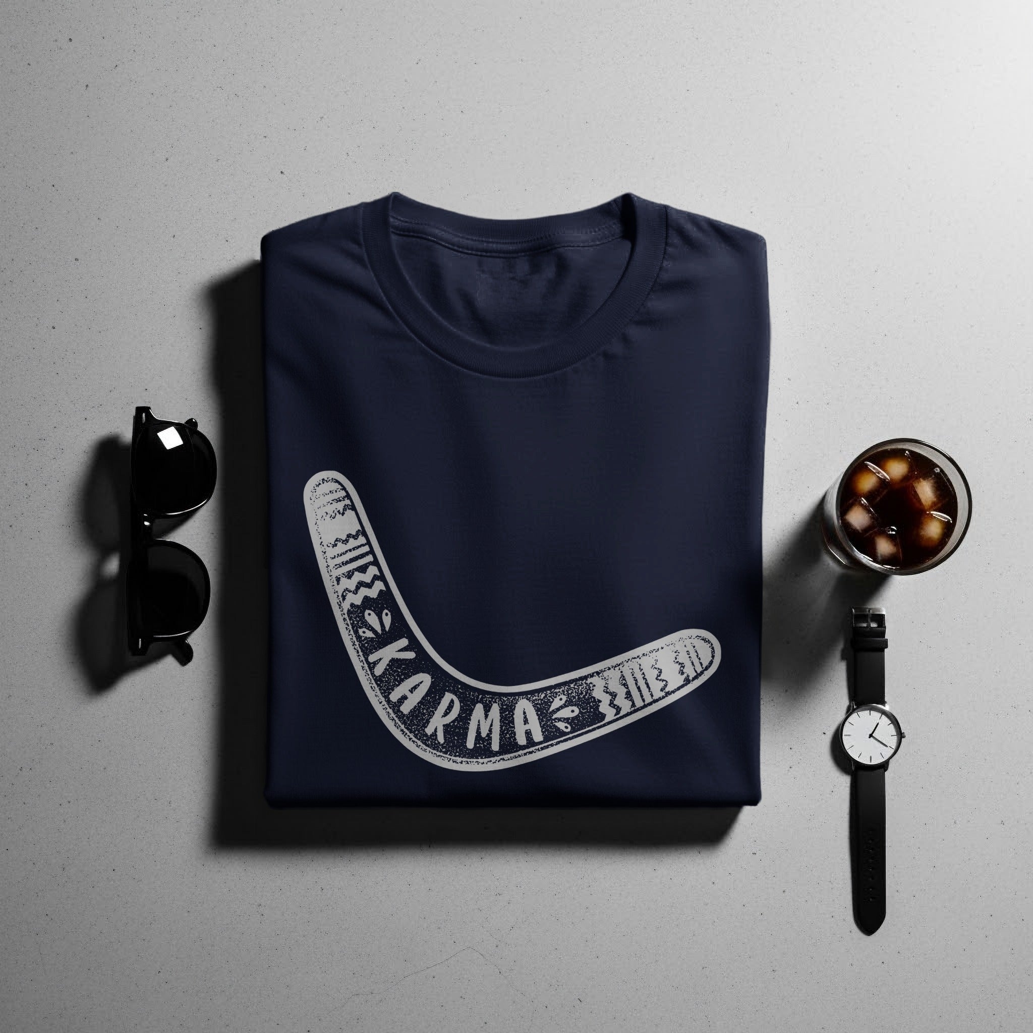 Navy t-shirt with "Karma" text on a boomerang graphic.