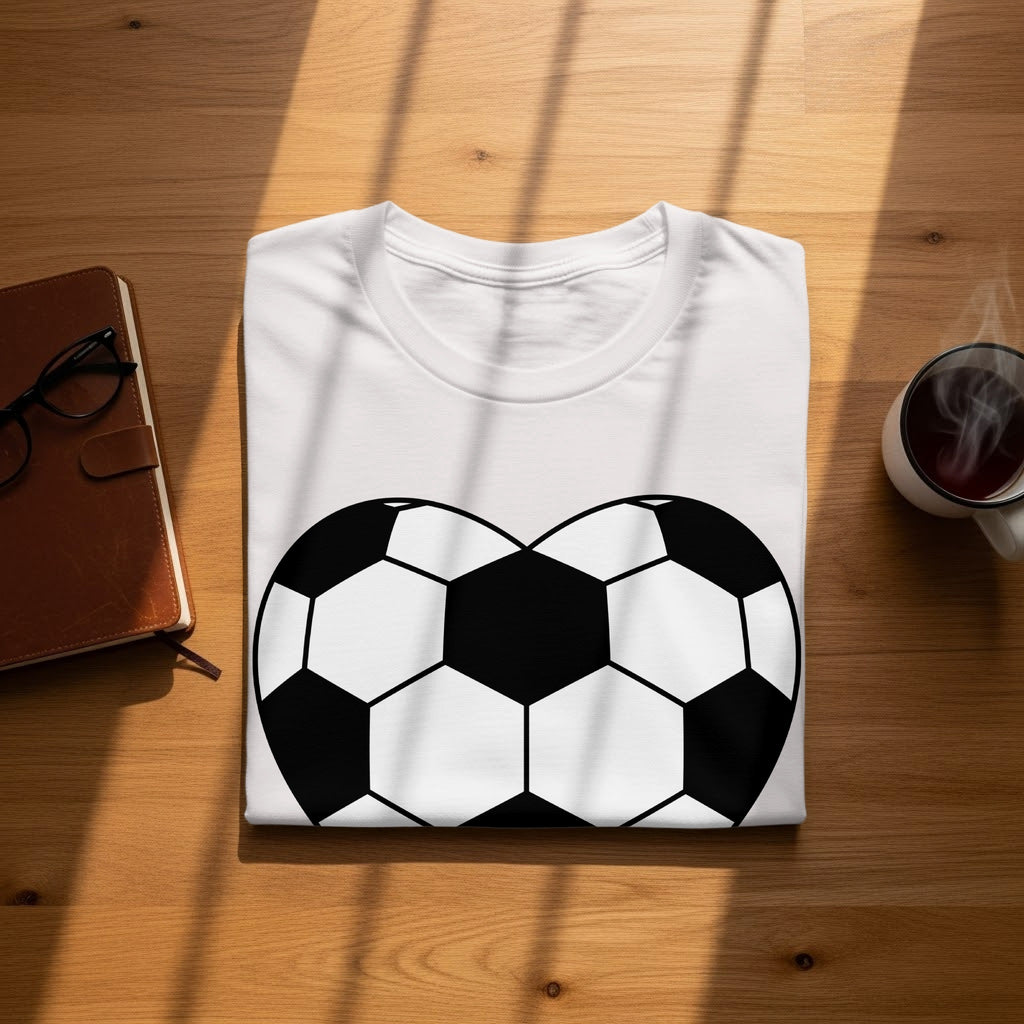 White t-shirt with a black and white soccer ball graphic.
