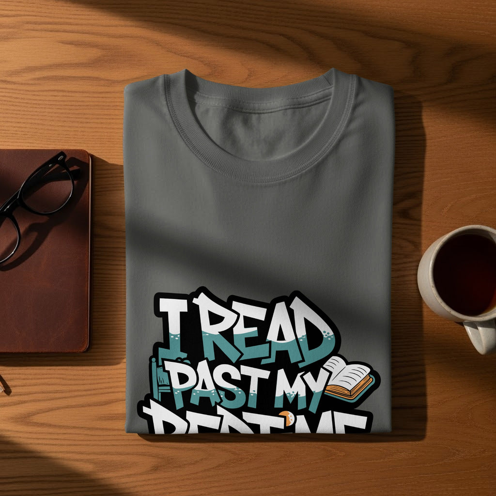 Gray t-shirt with "I READ PAST MY BEDTIME" text and open book graphic.