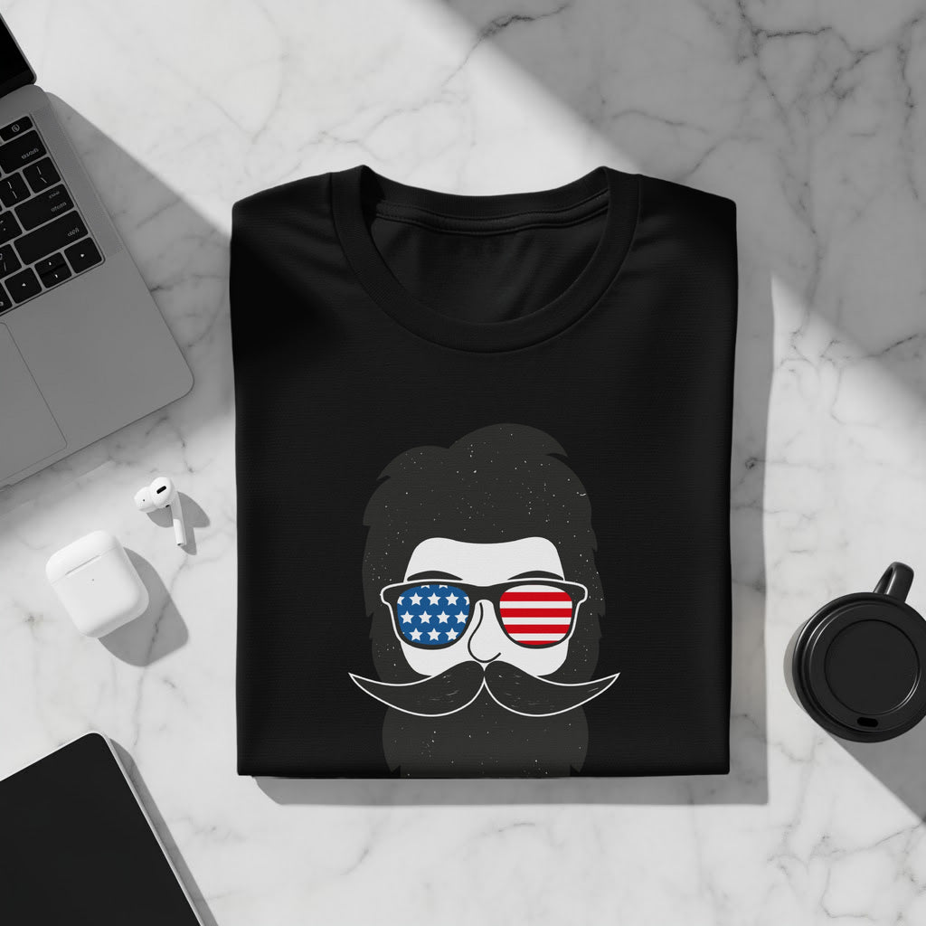 Black t-shirt with a man's illustration wearing American flag sunglasses.