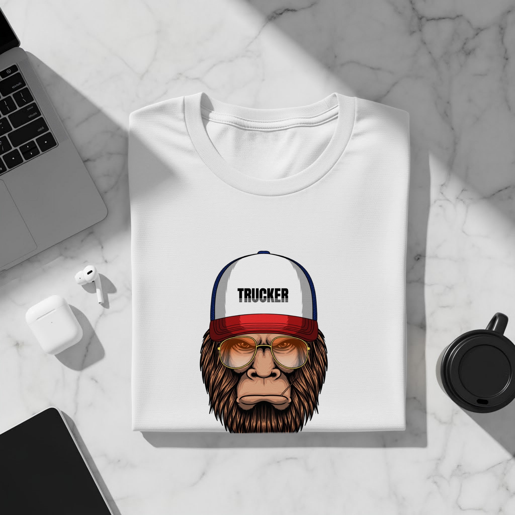 White t-shirt with a cartoon ape wearing glasses and a "TRUCKER" hat.