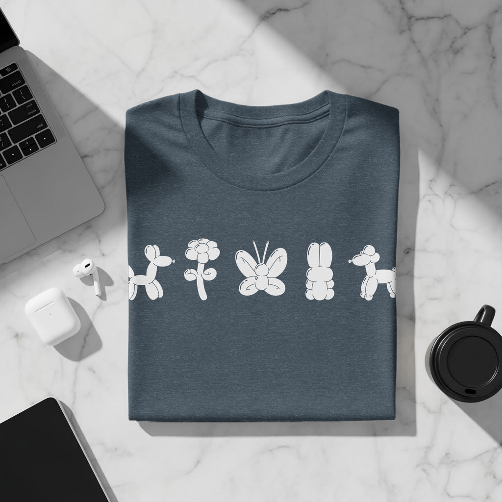 Dark teal t-shirt with white balloon animal print: dog, flower, butterfly, bunny, dog.