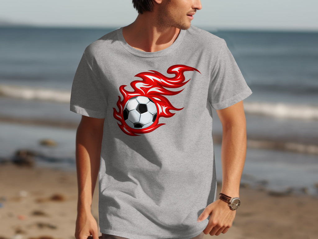 Grey t-shirt with soccer ball engulfed in red flames graphic on the chest.