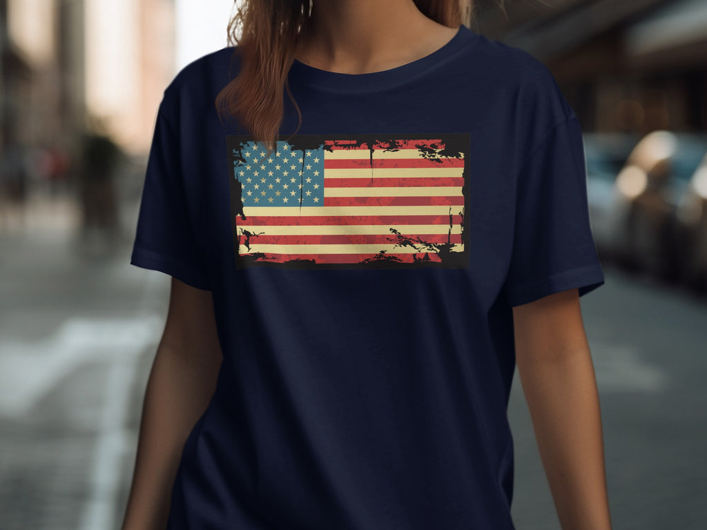 Dark navy t-shirt with distressed American flag graphic on front.
