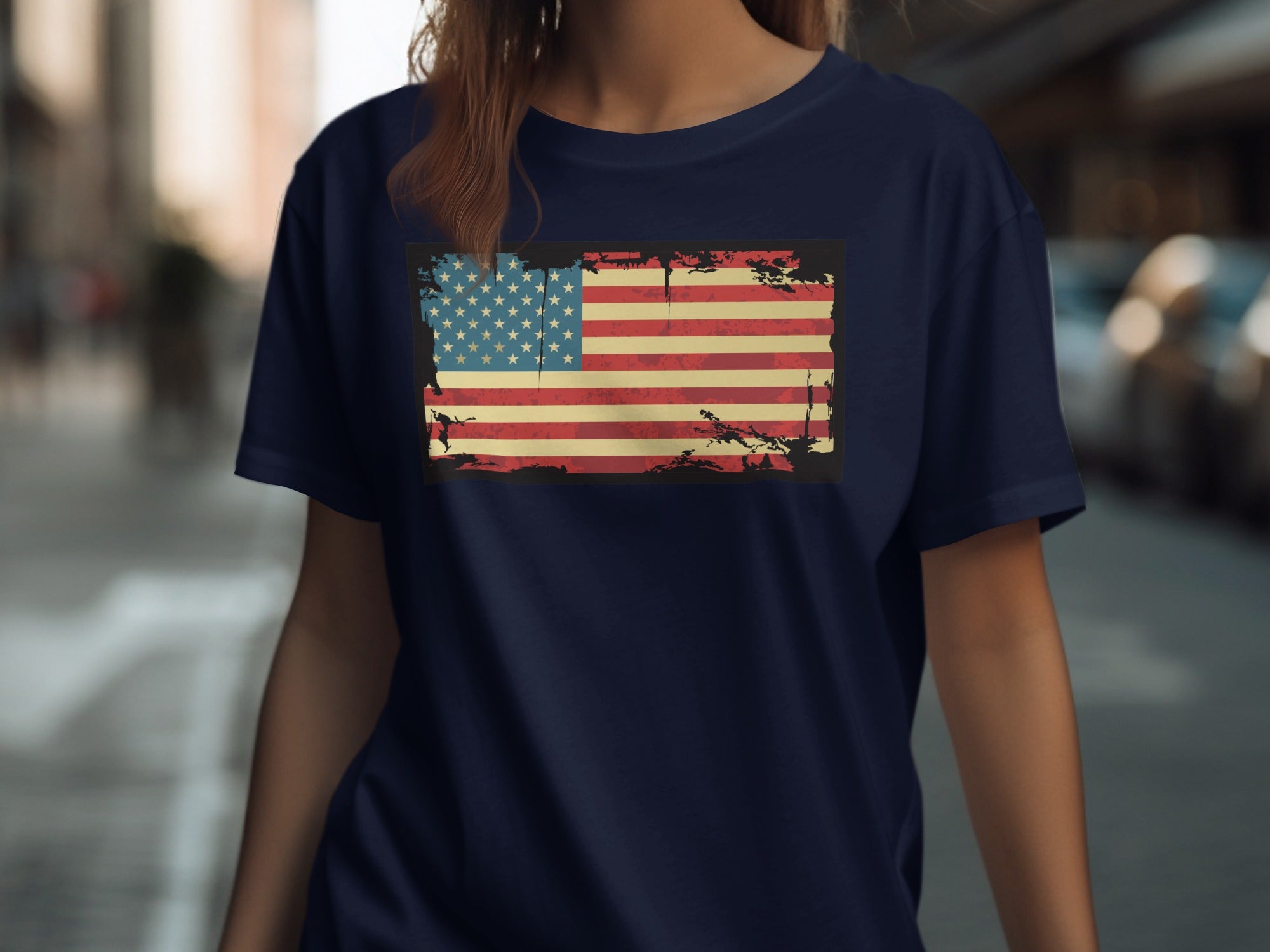 Dark navy t-shirt with distressed American flag graphic on front.