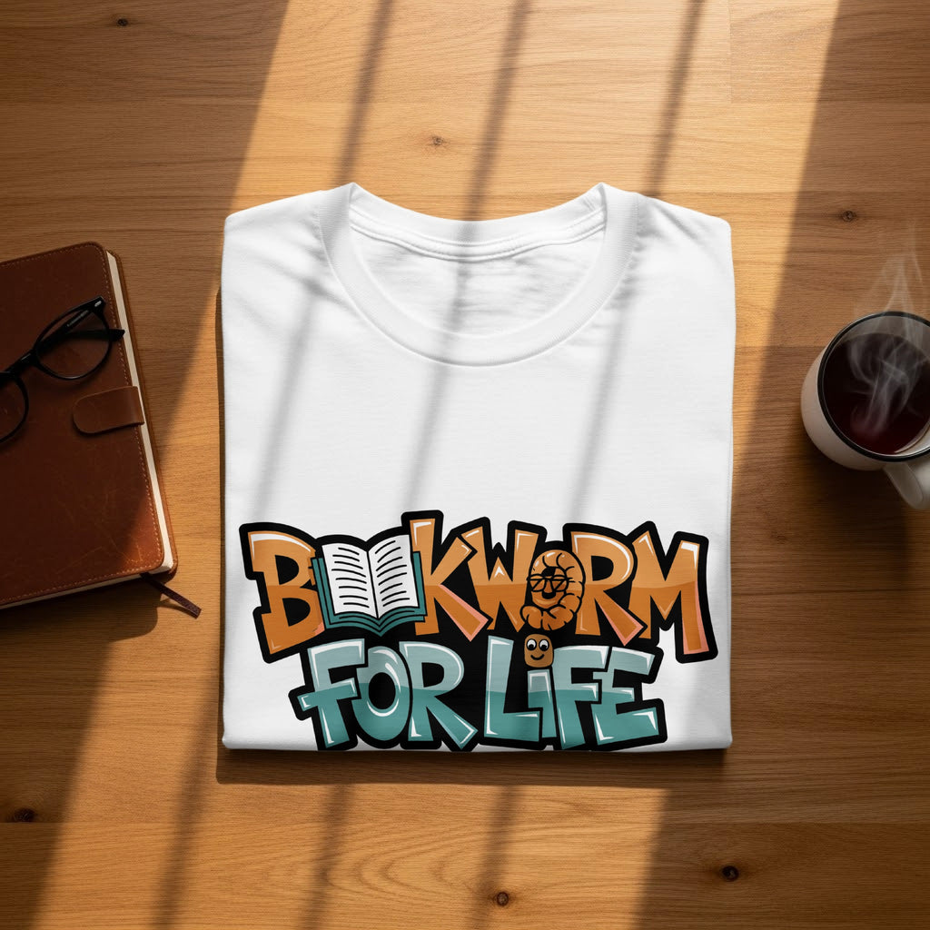 White t-shirt with "Bookworm for Life" graphic featuring a book and a worm character.