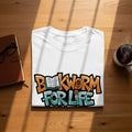 White t-shirt with "Bookworm for Life" graphic featuring a book and a worm character.