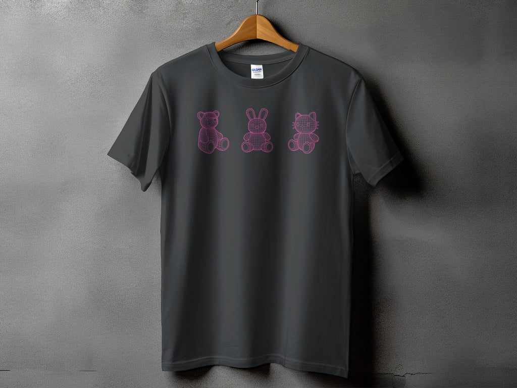 Dark grey t-shirt with pink wireframe teddy bear, bunny, and cat graphics.