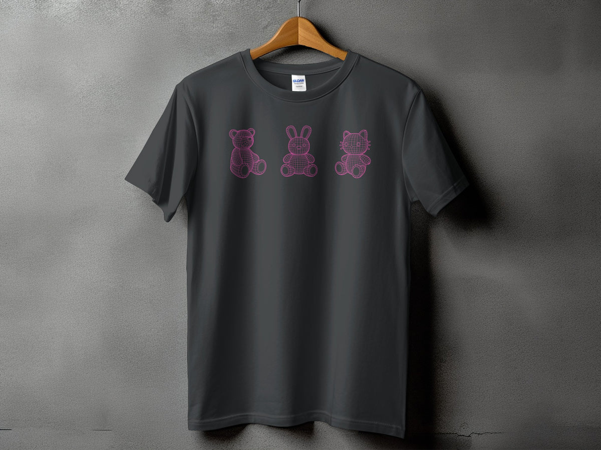 Dark grey t-shirt with pink wireframe teddy bear, bunny, and cat graphics.