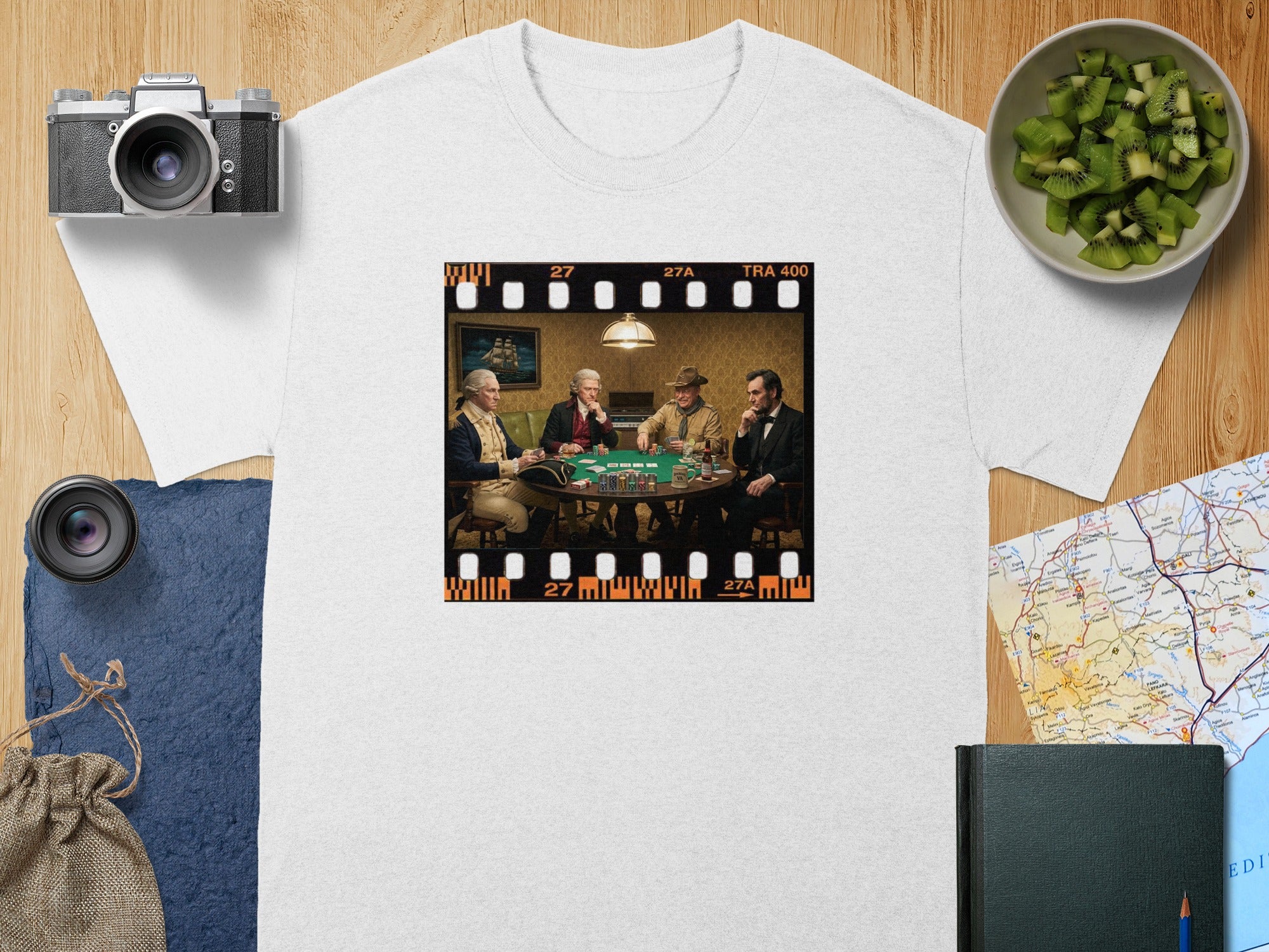Film strip with historical figures playing poker, including Lincoln and Washington.
