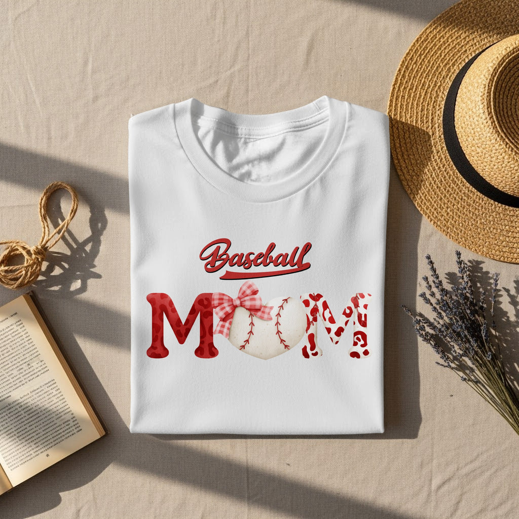 White t-shirt with "Baseball MOM" text and baseball graphic.