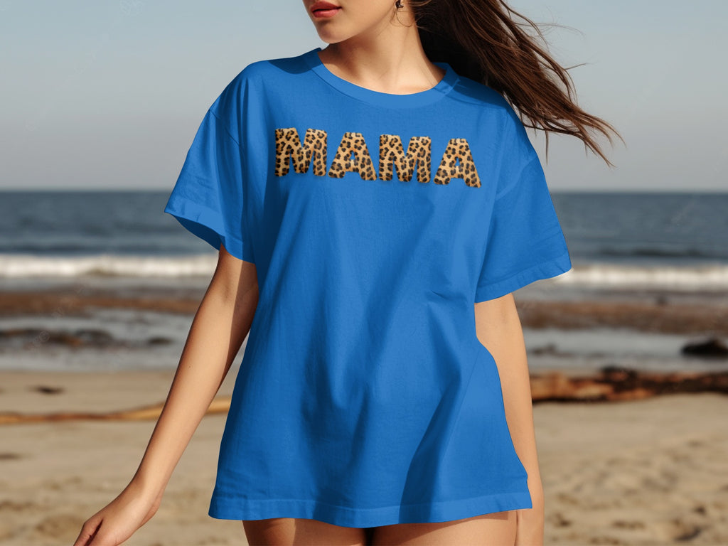 Blue t-shirt with "MAMA" in leopard print letters on the front.