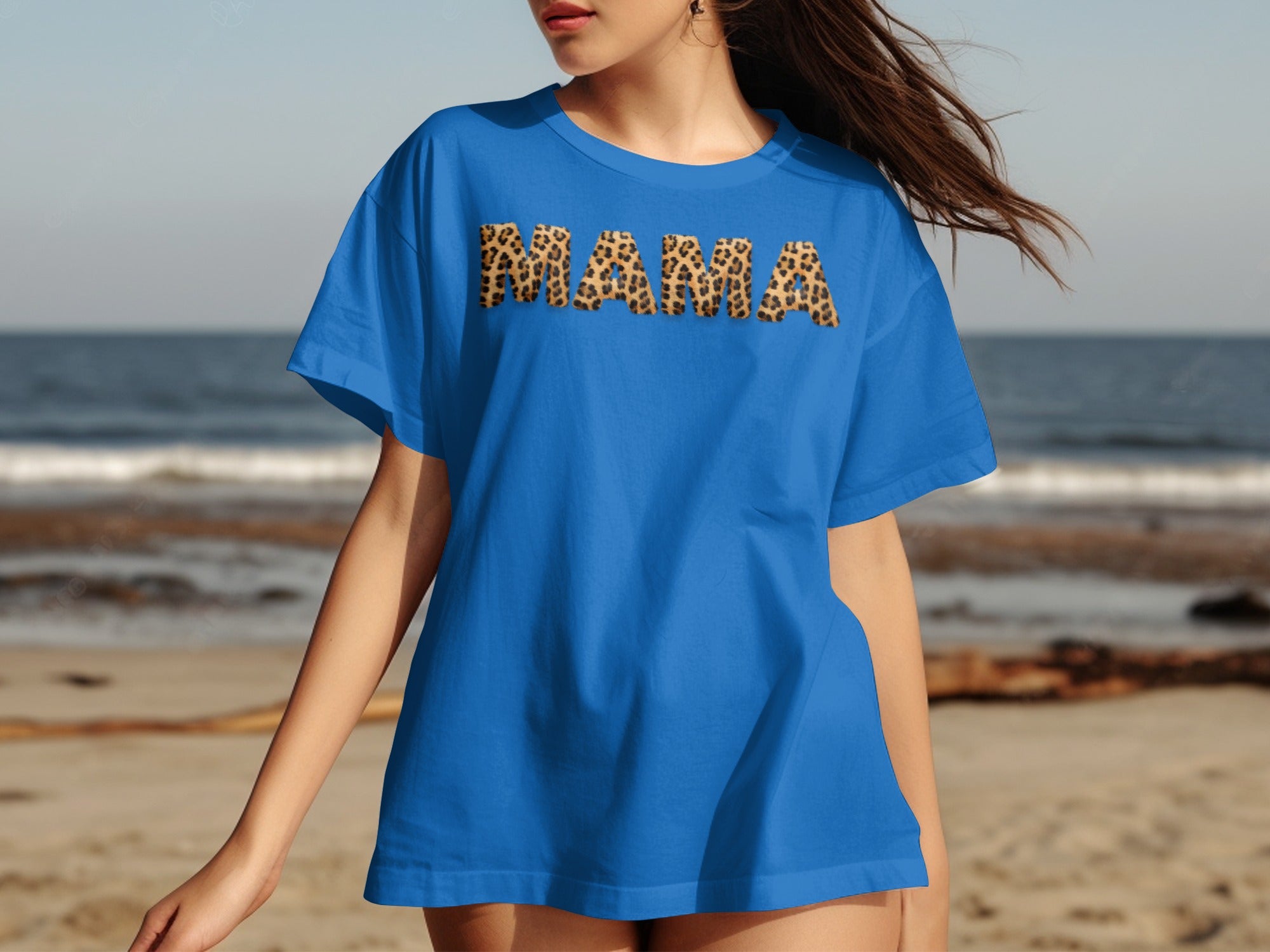 Blue t-shirt with "MAMA" in leopard print letters on the front.