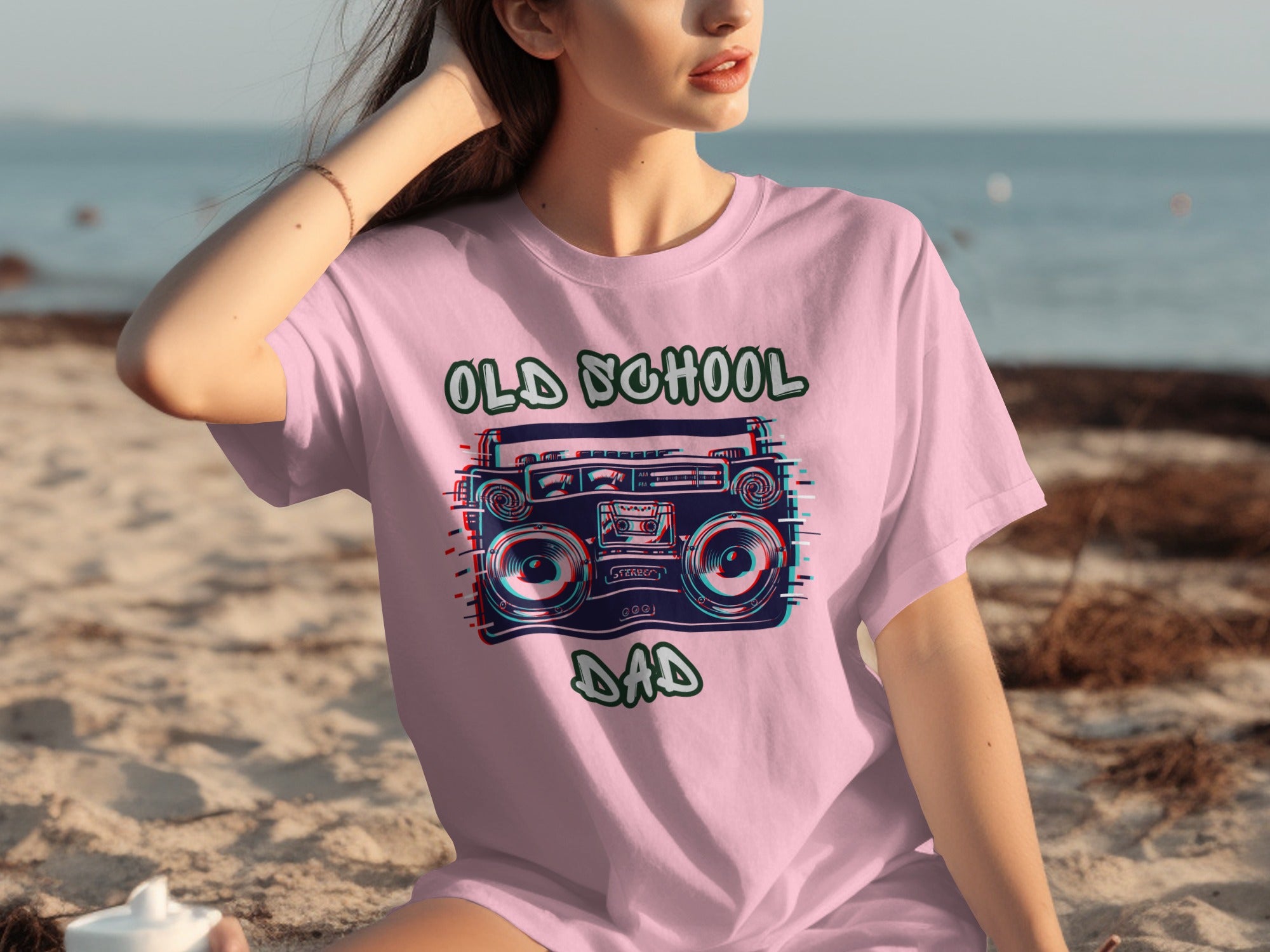 Pink t-shirt with "OLD SCHOOL DAD" text and a stereo graphic.