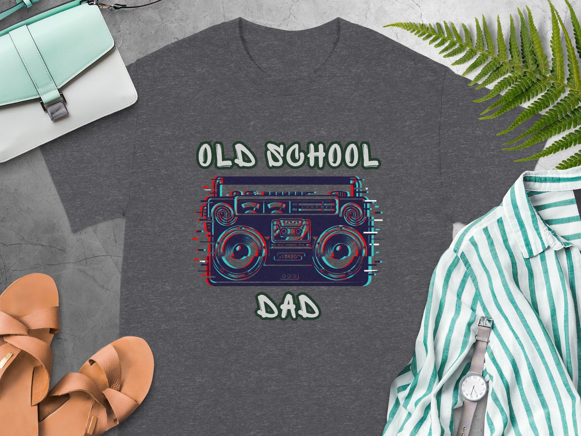T-shirt with "Old School Dad" text and glitch effect boombox graphic.