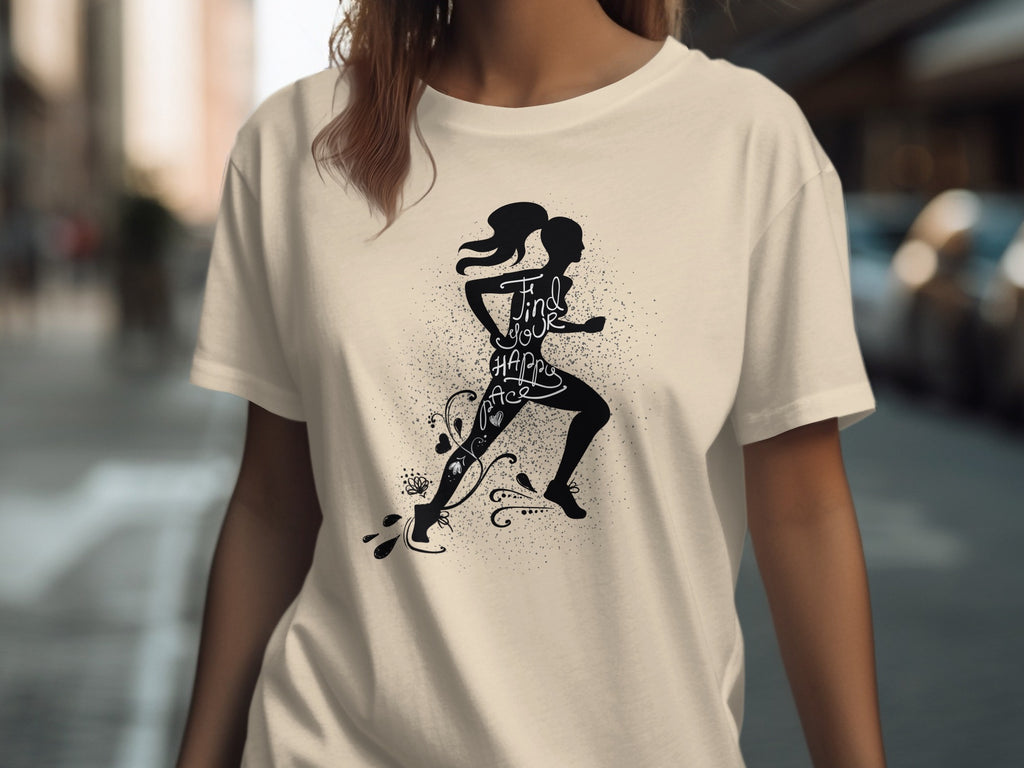 T-shirt with a black silhouette of a runner and the text "Find your happy pace."