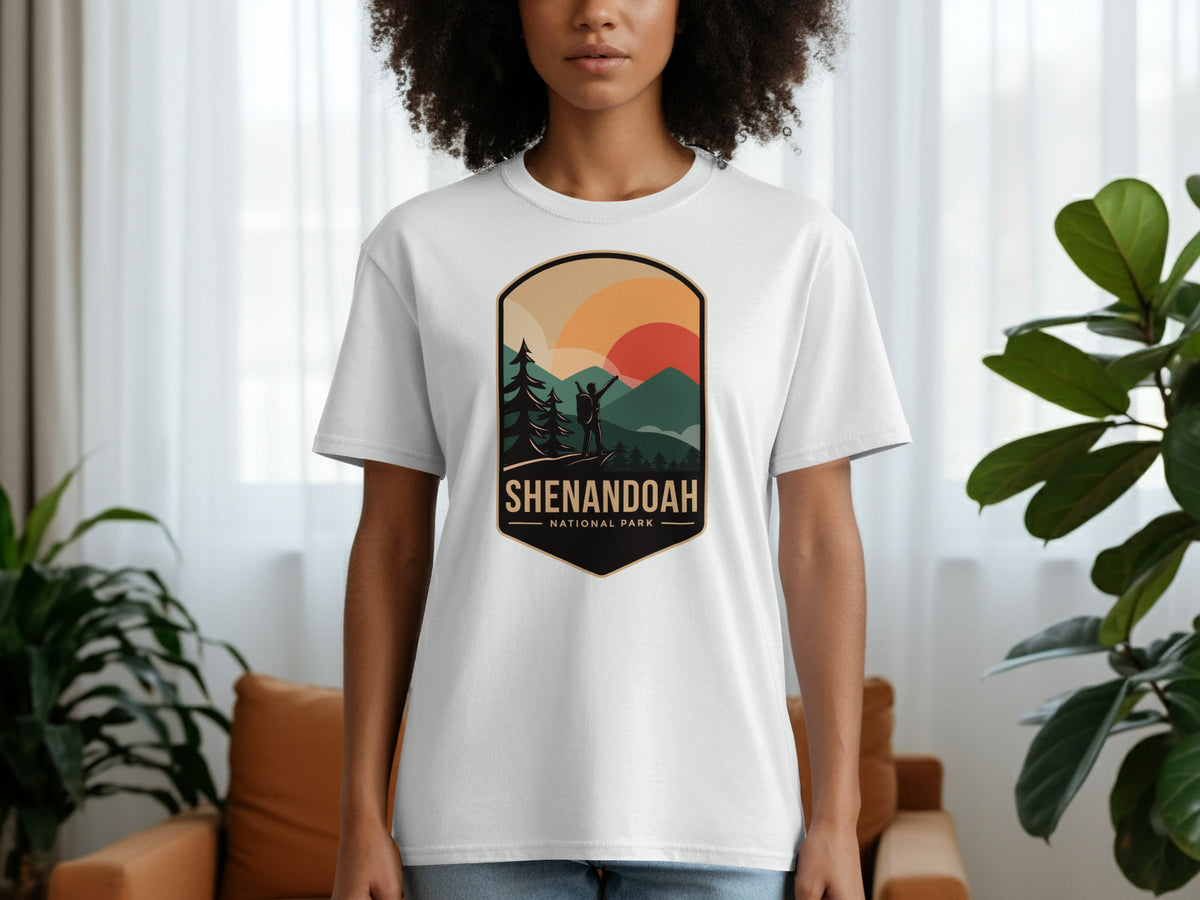 White t-shirt featuring a vintage style Shenandoah National Park logo with mountains and a hiker.