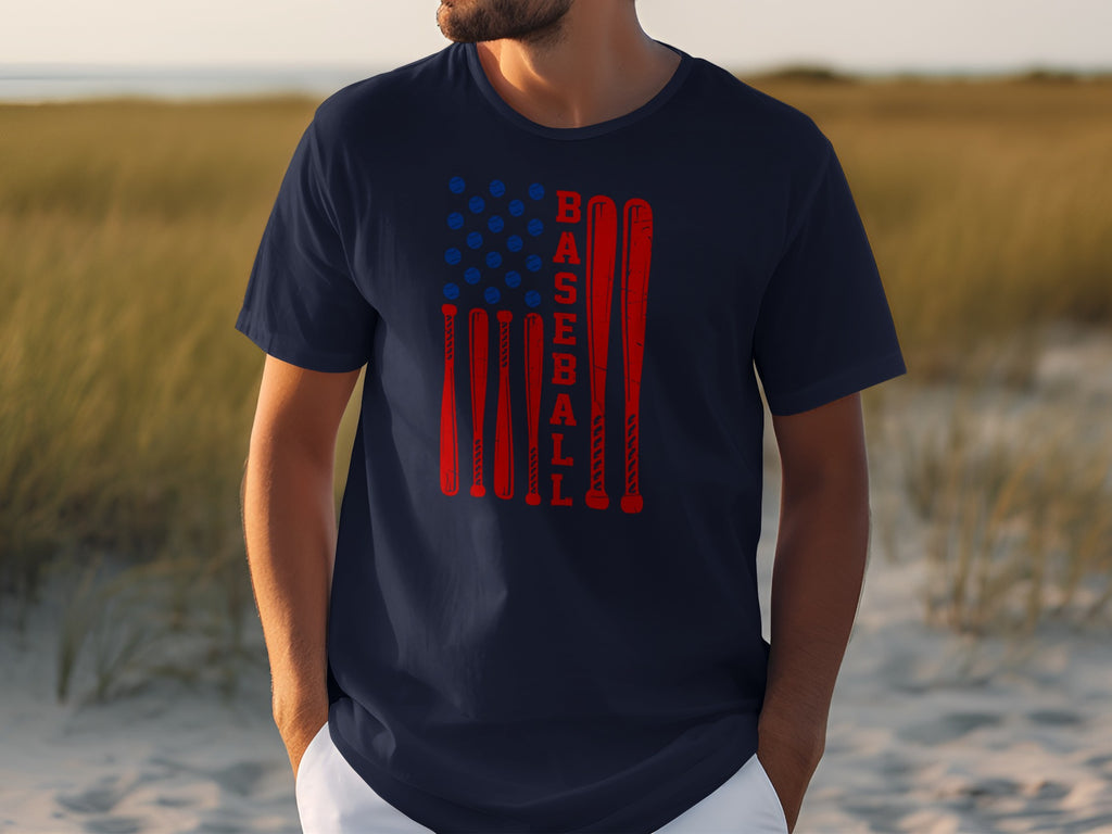 Navy t-shirt with distressed American flag design featuring baseball bats and "BASEBALL" text.