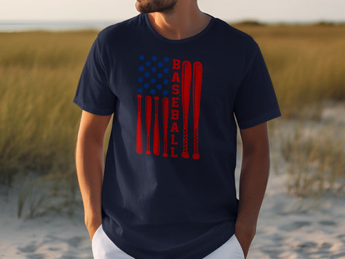 Navy t-shirt with distressed American flag design featuring baseball bats and "BASEBALL" text.