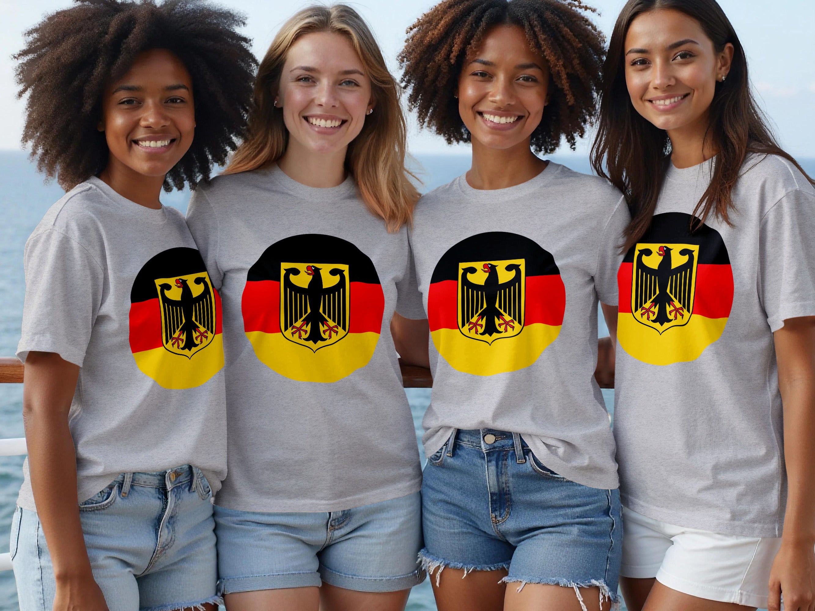 Four smiling women wear grey t-shirts with the German flag and eagle crest graphic.