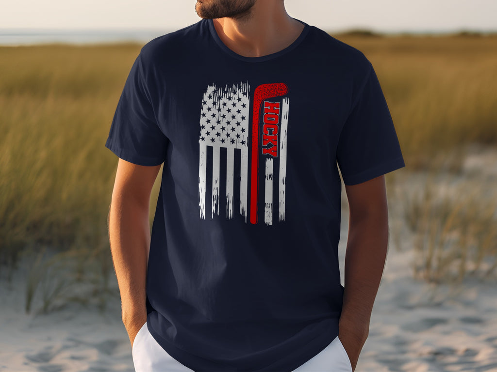 Navy t-shirt with distressed American flag and hockey stick graphic.