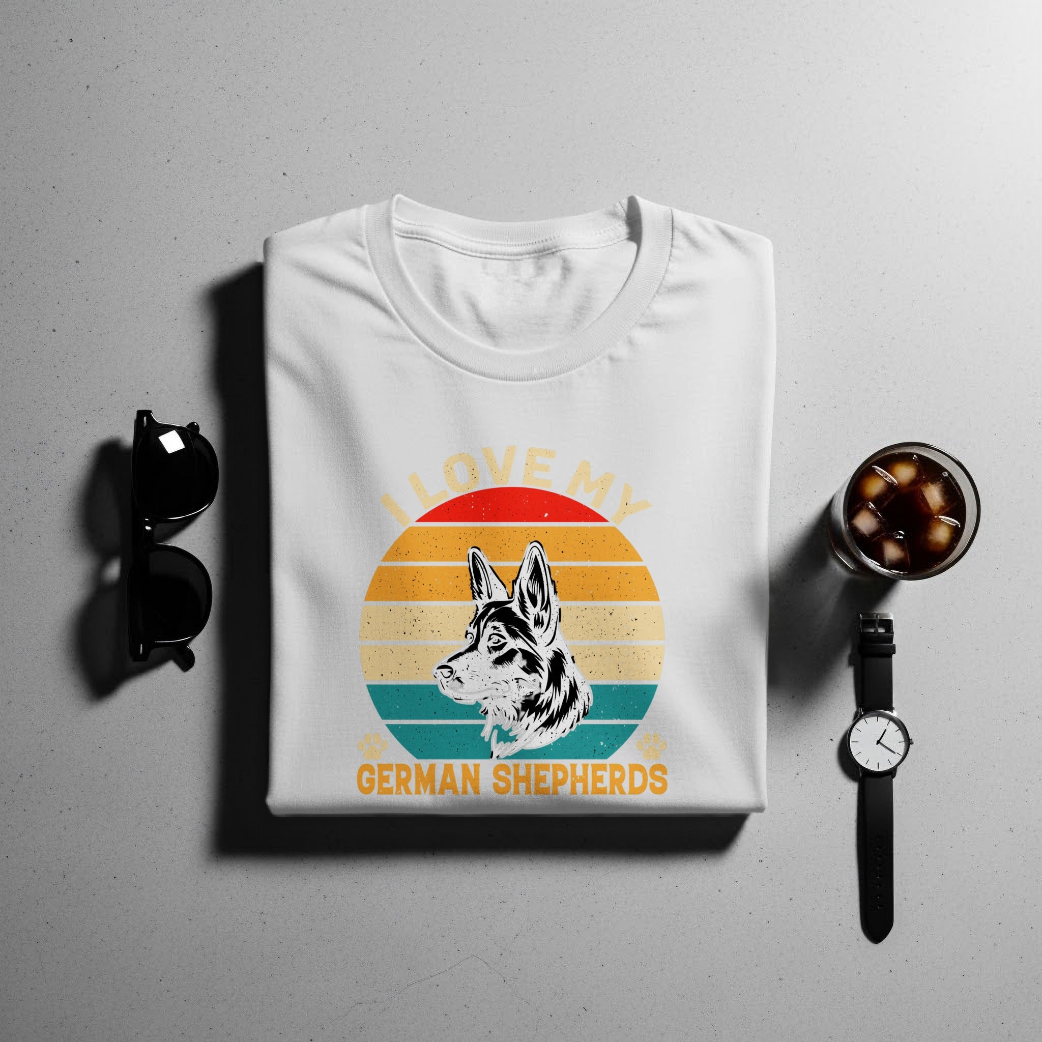 White t-shirt with German Shepherd, vintage sunset graphic, and text.