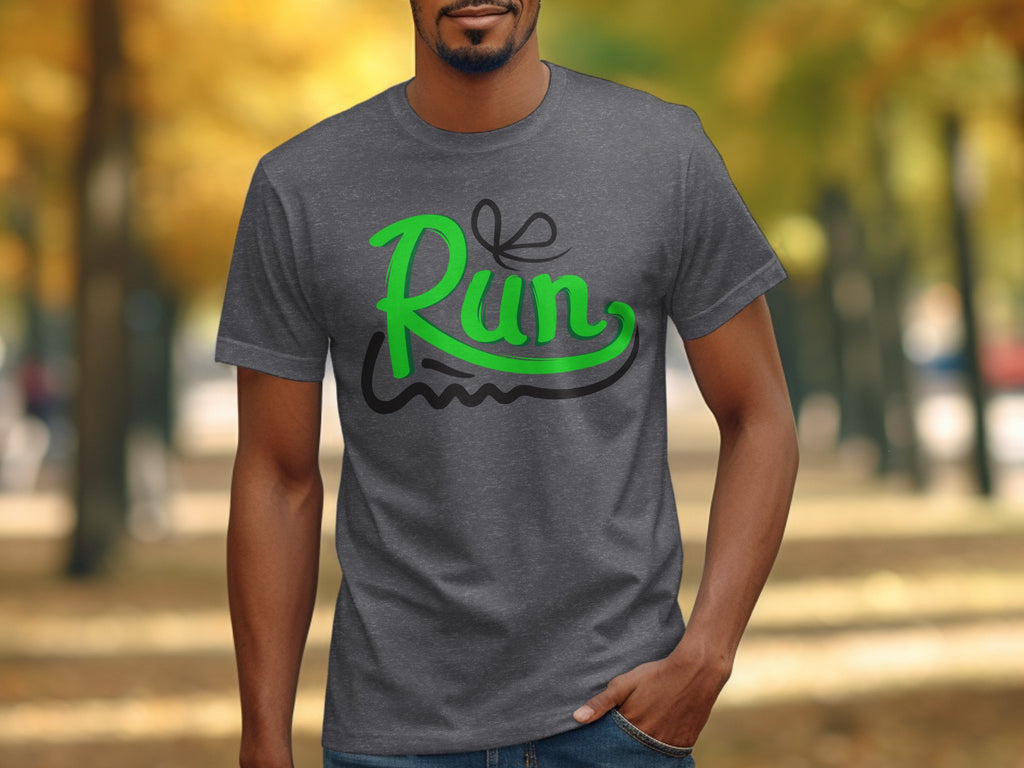 Dark grey t-shirt with green "Run" graphic and a black underline.