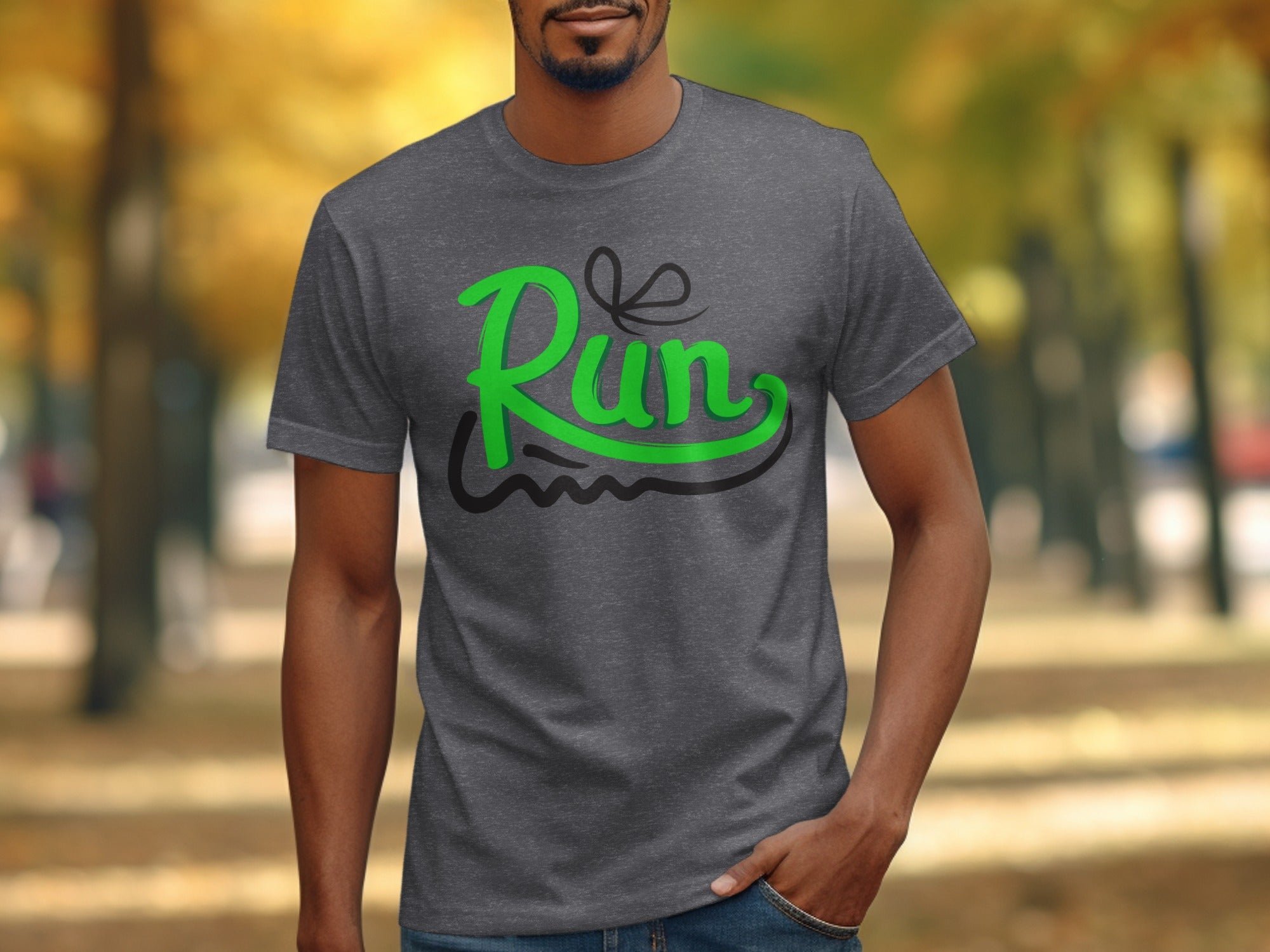 Dark grey t-shirt with green "Run" graphic and a black underline.