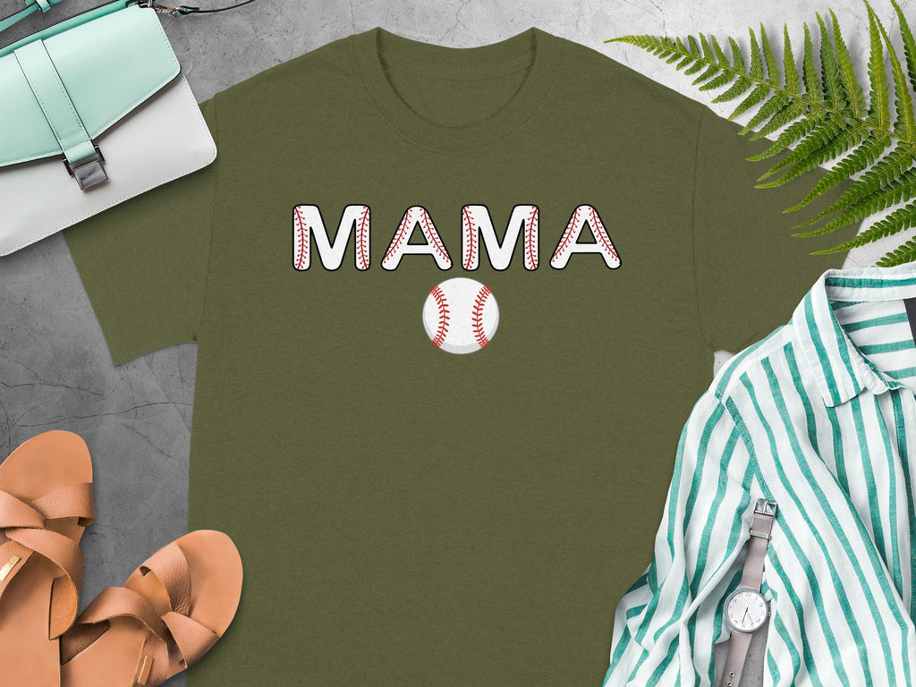 Green t-shirt with "MAMA" in baseball-themed font and a baseball graphic.