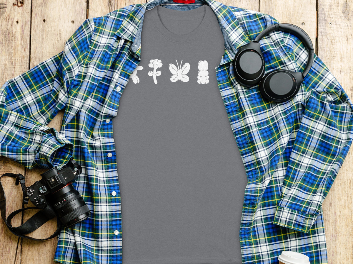 Grey t-shirt with white balloon animal graphics: flower, butterfly, bunny.