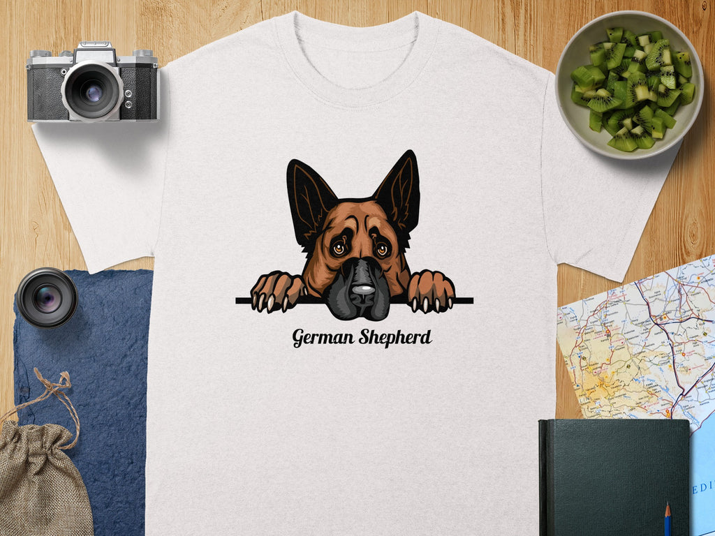 White t-shirt with a German Shepherd graphic and text reading "German Shepherd".