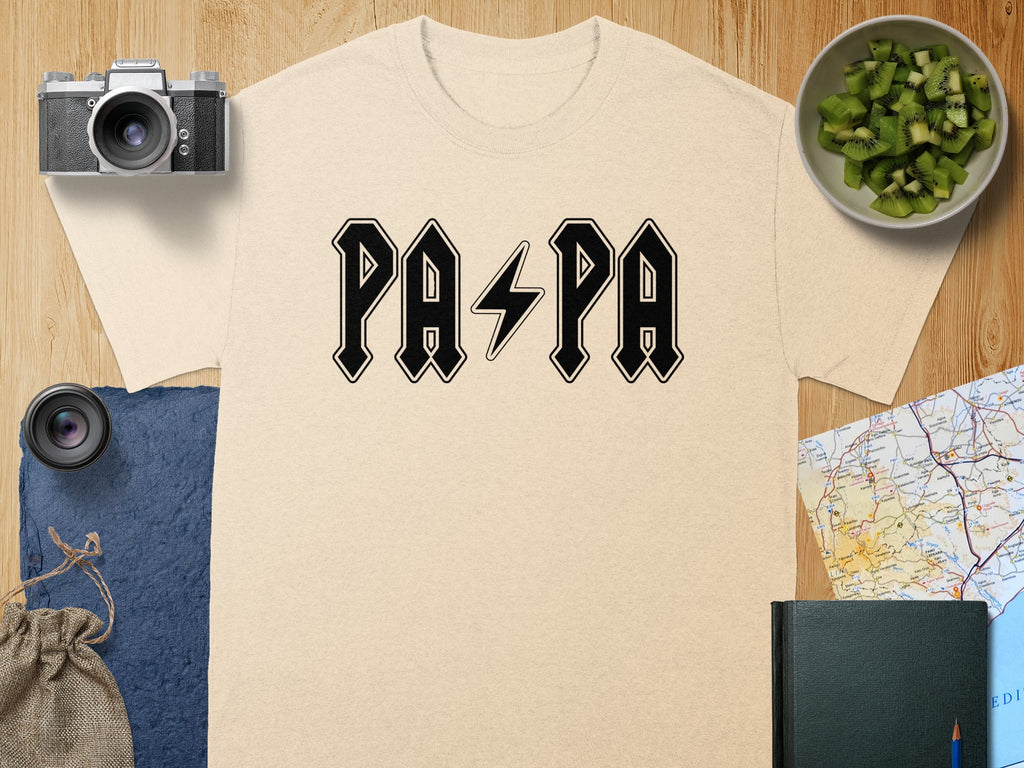 Light beige t-shirt with black "PAPA" text and lightning bolt graphic.