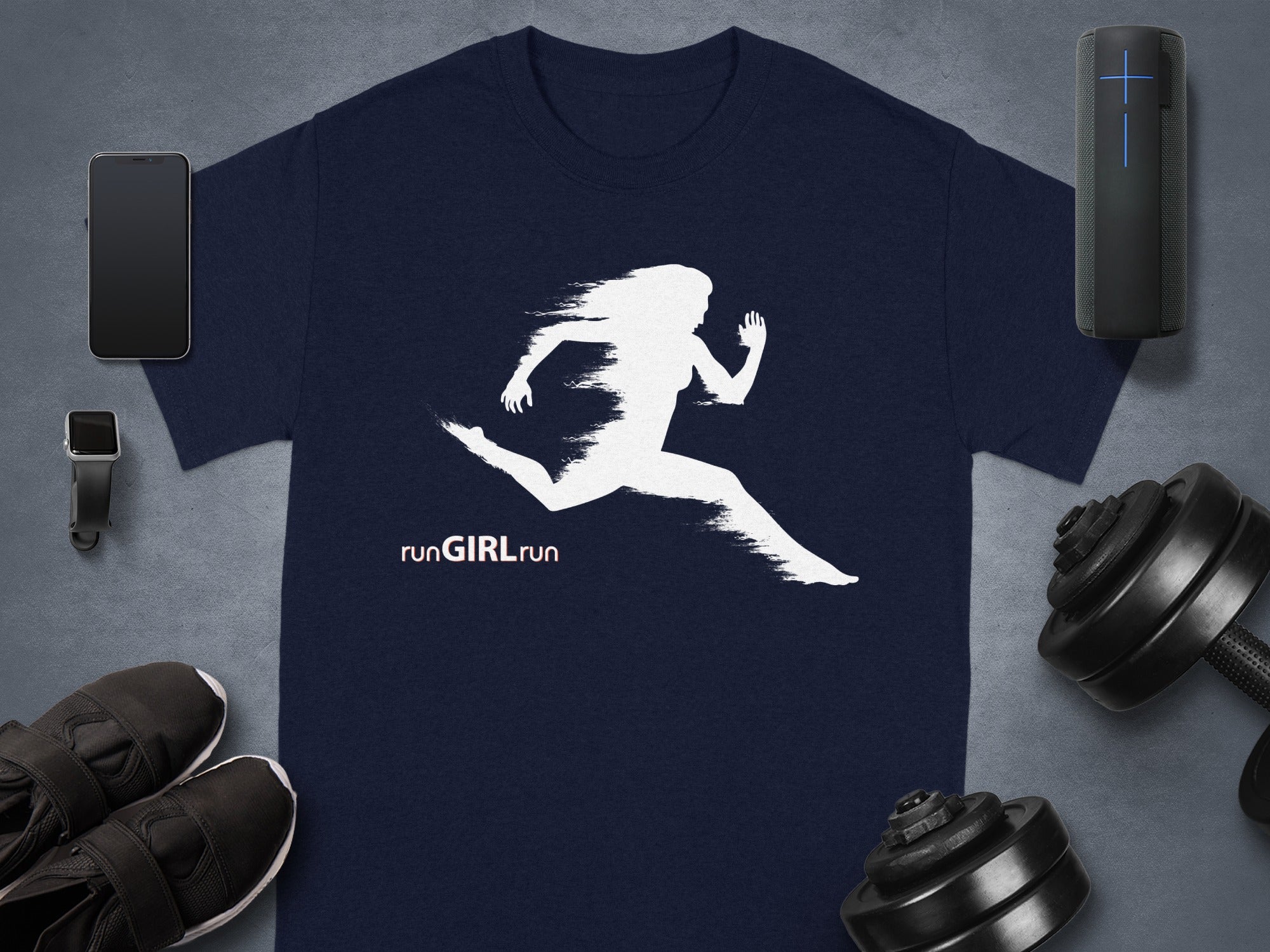 Navy t-shirt with white running girl graphic and "rungIRLrun" text.