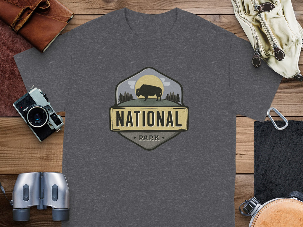 Dark grey t-shirt with a vintage National Park logo featuring a bison and trees.