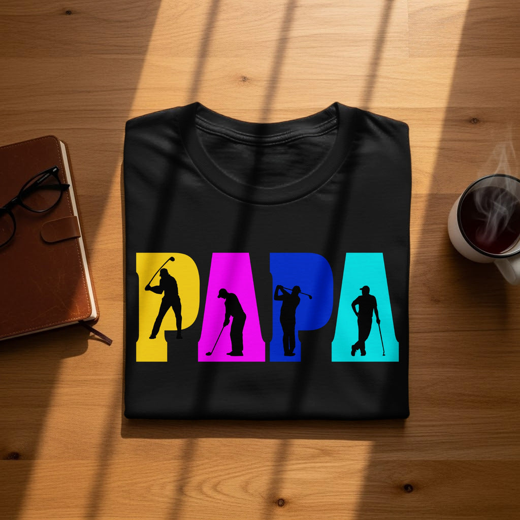 Black t-shirt with "PAPA" text featuring golfers in yellow, pink, blue, and teal blocks
