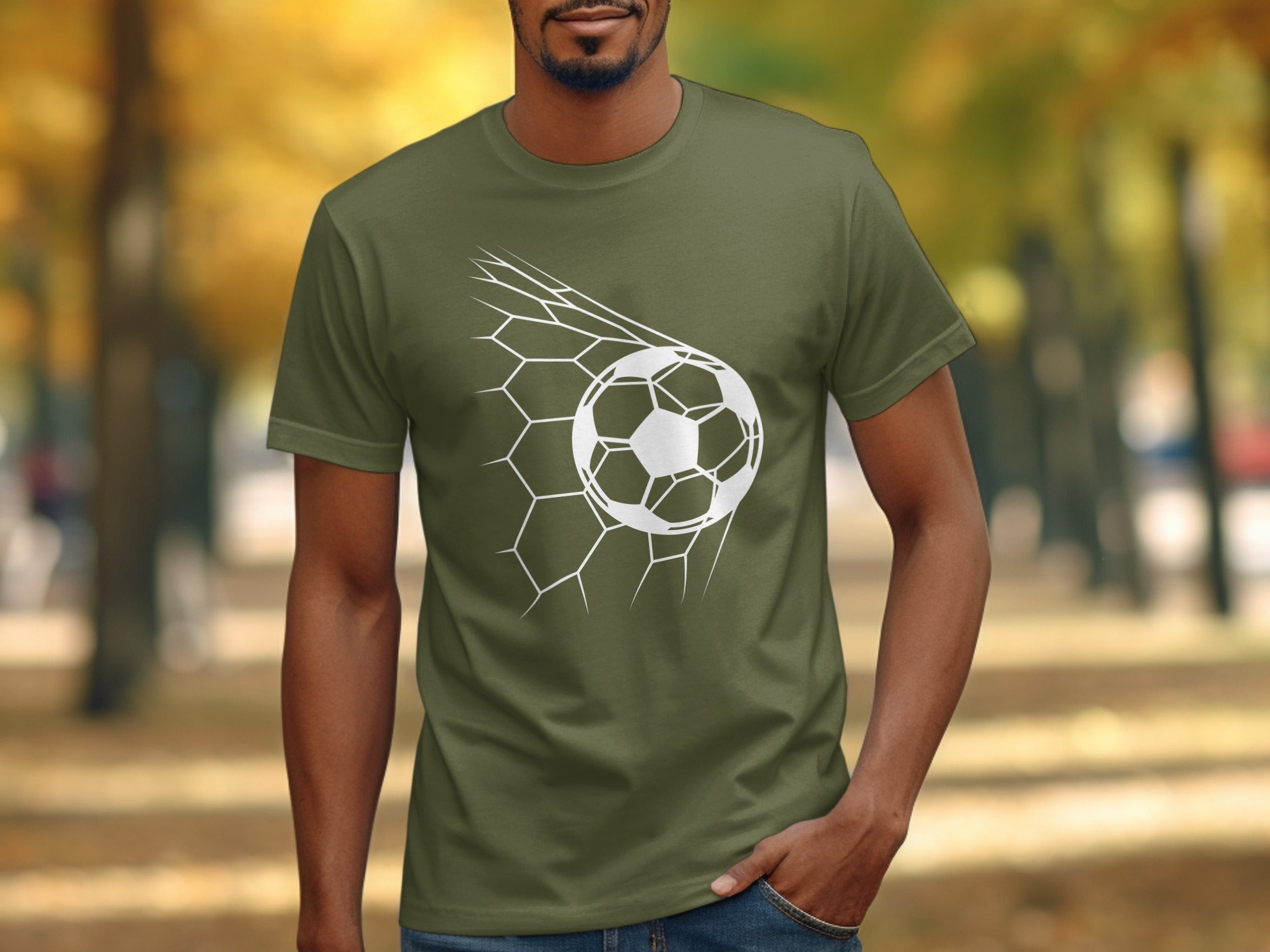 Olive t-shirt with a white soccer ball and net graphic on chest.