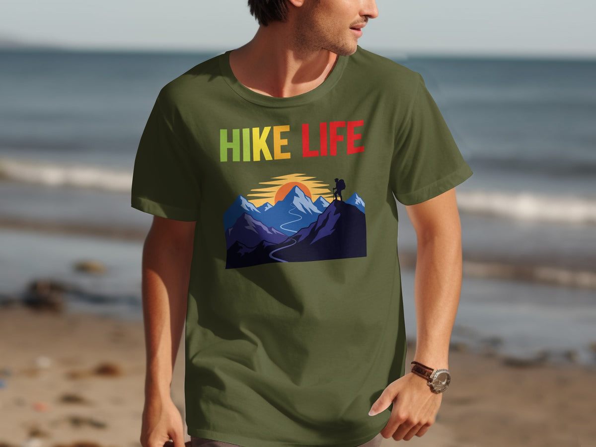 Green t-shirt with "HIKE LIFE" text and mountain landscape graphic.