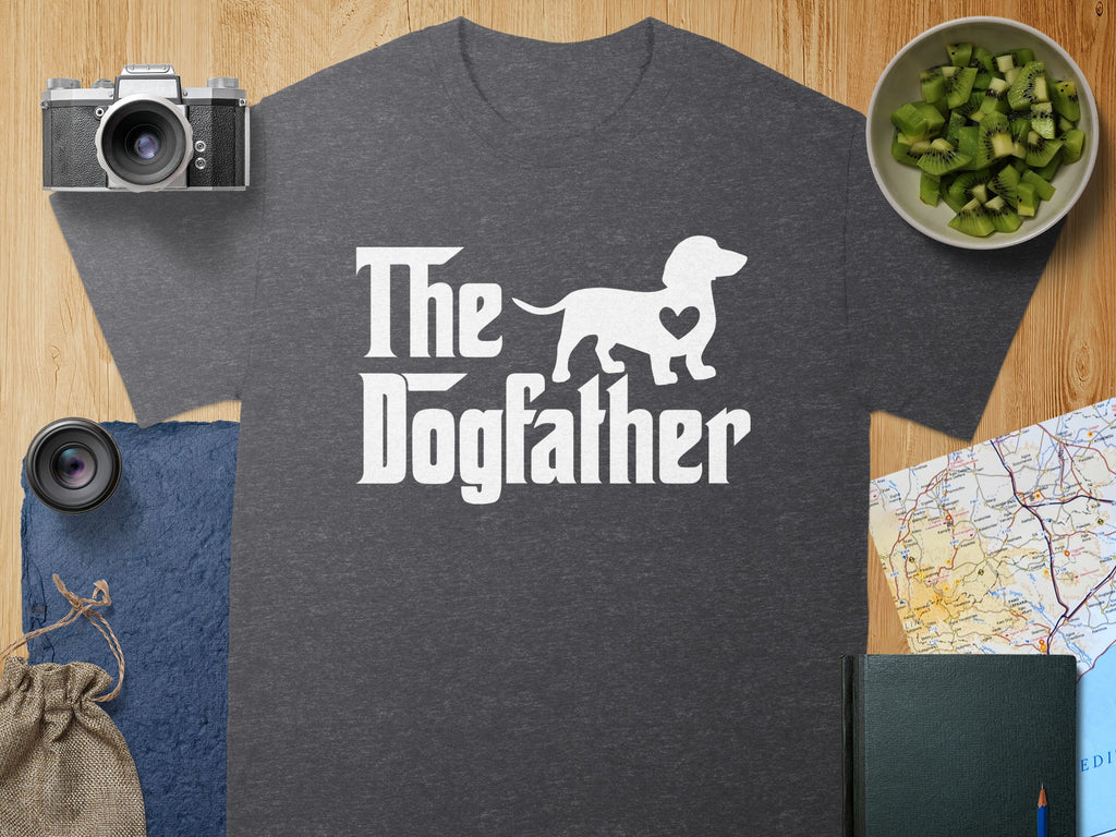 Dark grey t-shirt with white "The Dogfather" text and dachshund graphic.
