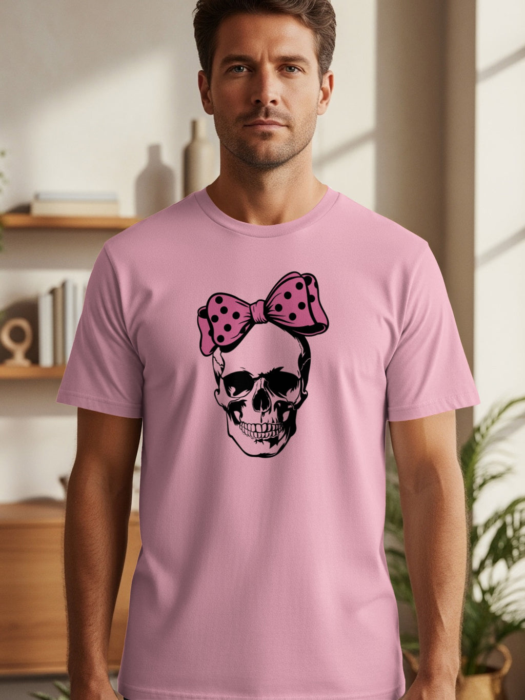 Pink t-shirt with a black skull graphic wearing a pink polka dot bow.