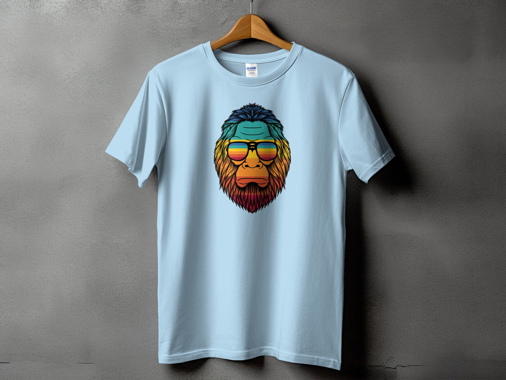 Light blue t-shirt with a colorful Bigfoot graphic wearing sunglasses.