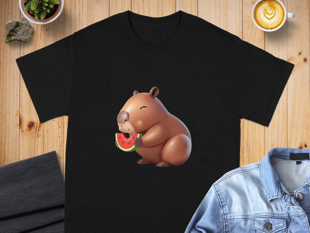 Black t-shirt featuring a cartoon capybara eating watermelon.