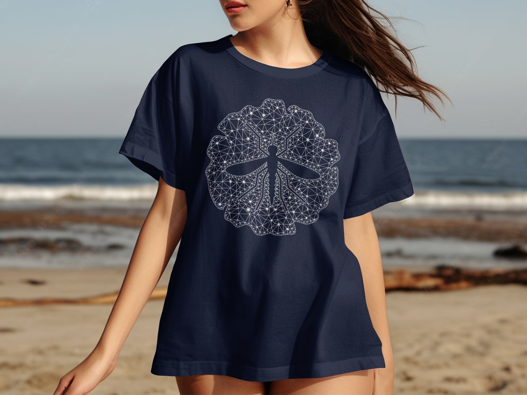 Navy t-shirt with a white geometric dragonfly and circular pattern design.