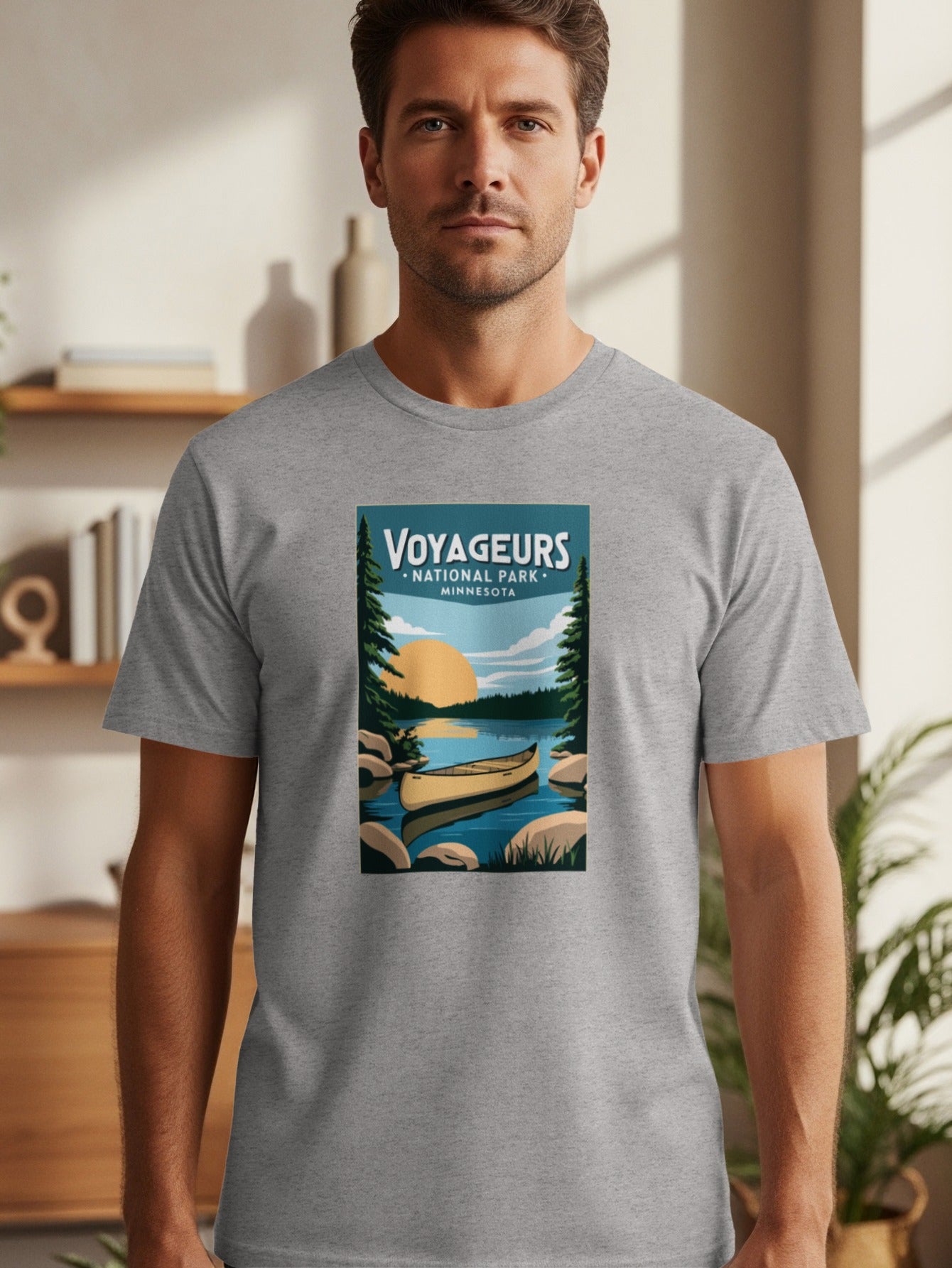 Voyageurs National Park Minnesota graphic with a canoe on a lake.