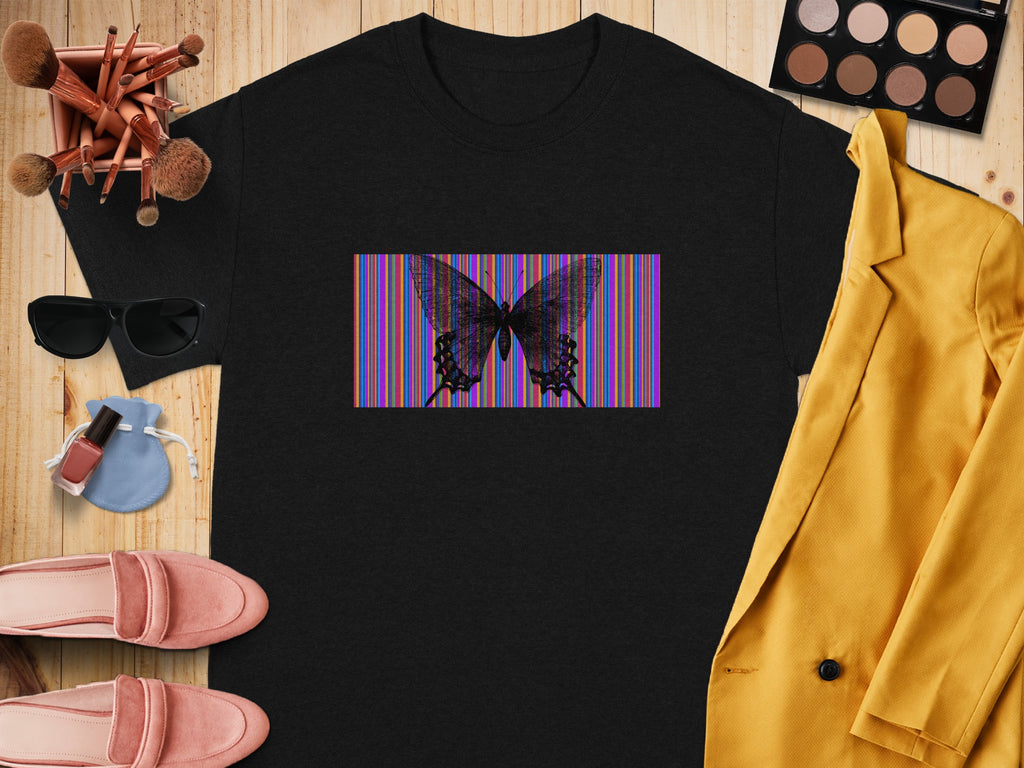 Black t-shirt with a purple, blue, green, yellow, and red striped rectangle featuring a black butterfly.