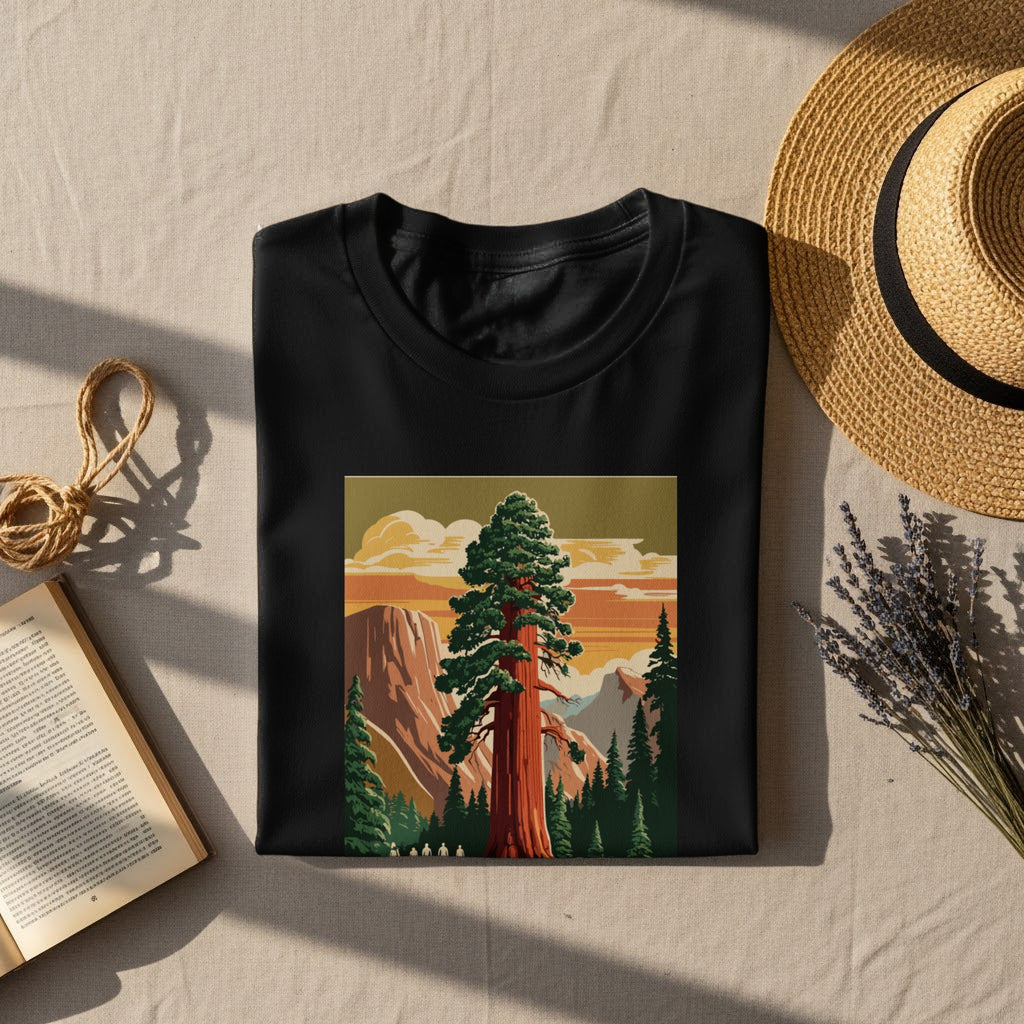 Black t-shirt with vintage sequoia tree and mountain landscape graphic.