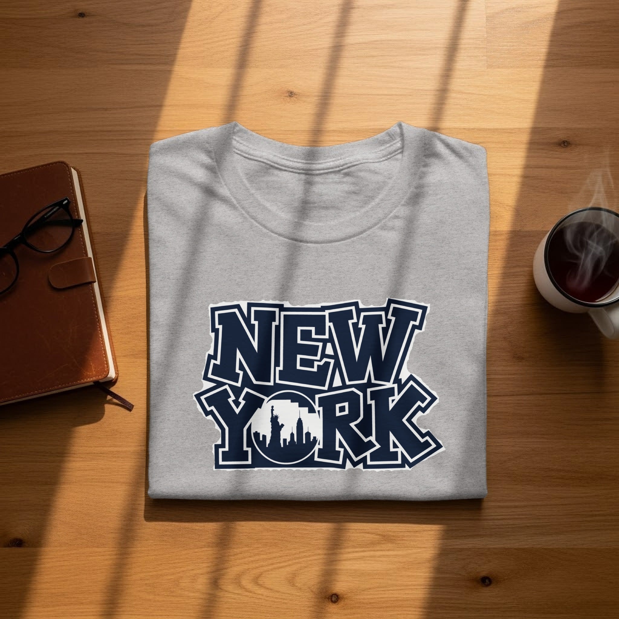 Gray t-shirt with "New York" text and skyline graphic.