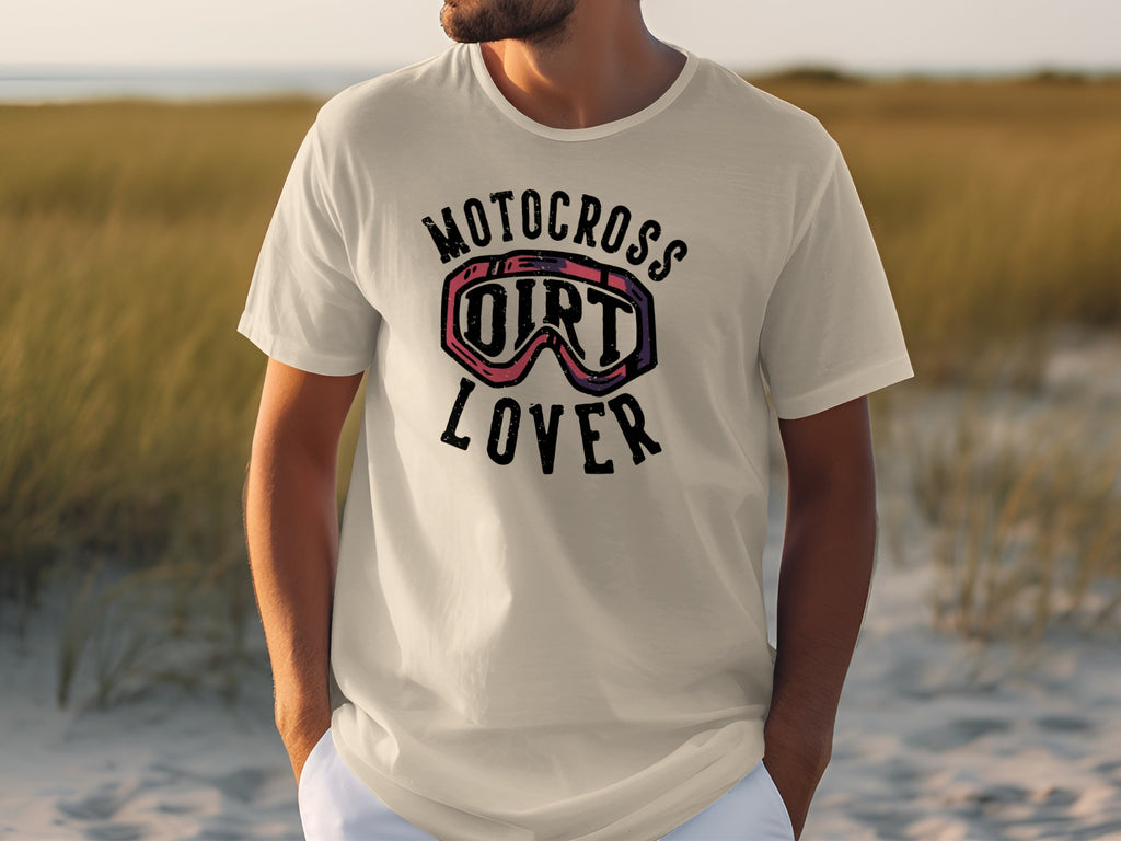 White t-shirt with "Motocross Dirt Lover" graphic and goggles.