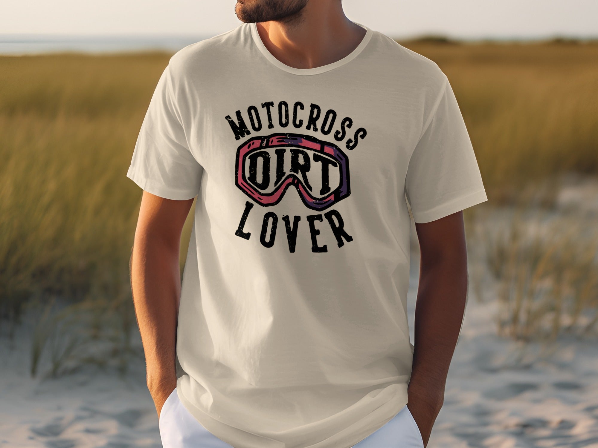 White t-shirt with "Motocross Dirt Lover" graphic and goggles.
