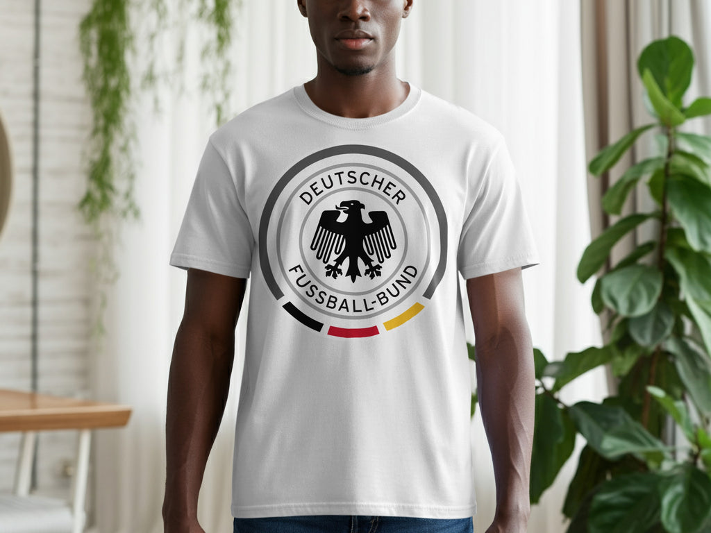 White t-shirt with German Football Association logo and German flag colors.