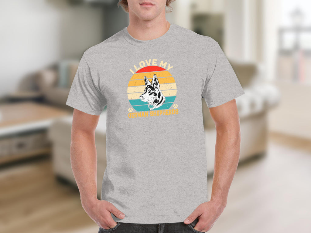 Grey t-shirt with vintage sunset and German Shepherd graphic that says "I LOVE MY GERMAN SHEPHERDS".